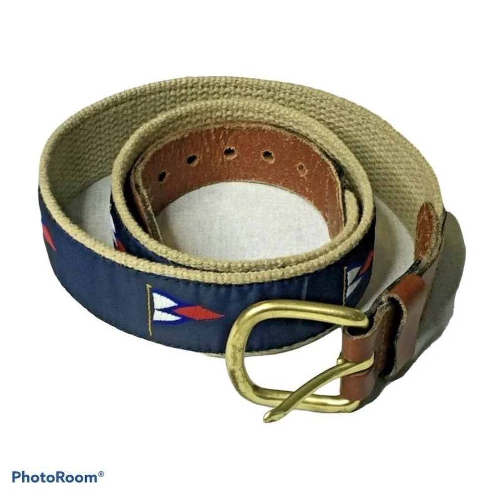 Leather Man Belt Mens 34 Nautical‎ Flag Canvas Leather Nautical Preppy Maritime